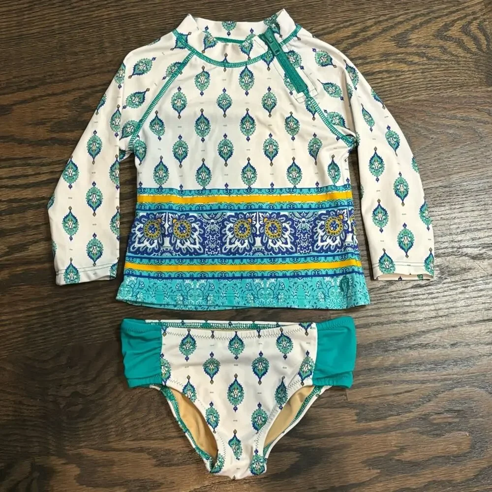 Cabana Life Rash Guard Bikini Set White Green Print 6-12 Months - Picture 1 of 10